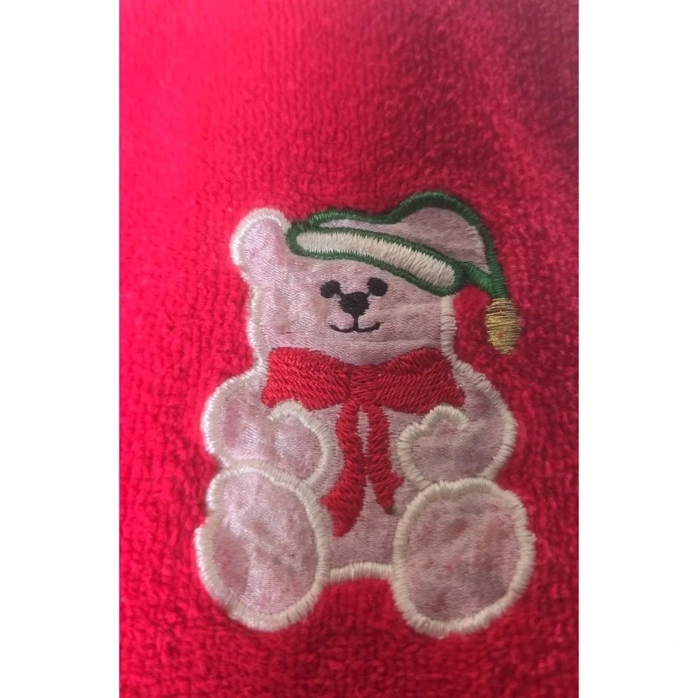 Tom Roe Vintage Christmas Hand Towels Set of 2 Red Green Bear Cotton USA Fringed